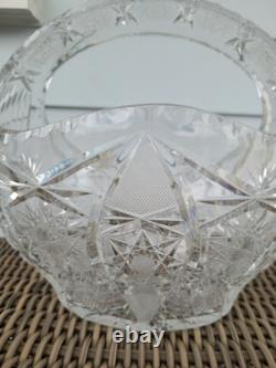 Bohemia Czech Cut Crystal Basket Glass VTG Large 11×10×9 Crosshatch Hobstar