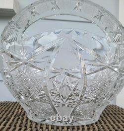 Bohemia Czech Cut Crystal Basket Glass VTG Large 11×10×9 Crosshatch Hobstar
