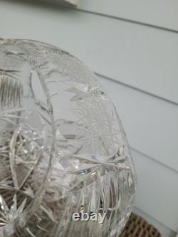 Bohemia Czech Cut Crystal Basket Glass VTG Large 11×10×9 Crosshatch Hobstar