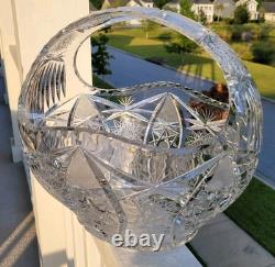 Bohemia Czech Cut Crystal Basket Glass VTG Large 11×10×9 Crosshatch Hobstar