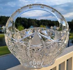 Bohemia Czech Cut Crystal Basket Glass VTG Large 11×10×9 Crosshatch Hobstar