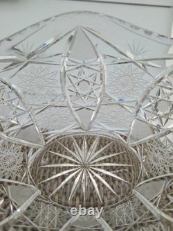 Bohemia Czech Cut Crystal Basket Glass VTG Large 11×10×9 Crosshatch Hobstar