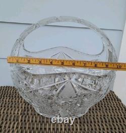 Bohemia Czech Cut Crystal Basket Glass VTG Large 11×10×9 Crosshatch Hobstar