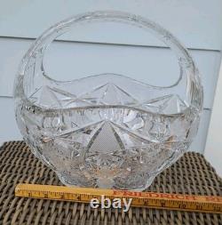 Bohemia Czech Cut Crystal Basket Glass VTG Large 11×10×9 Crosshatch Hobstar