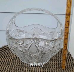 Bohemia Czech Cut Crystal Basket Glass VTG Large 11×10×9 Crosshatch Hobstar