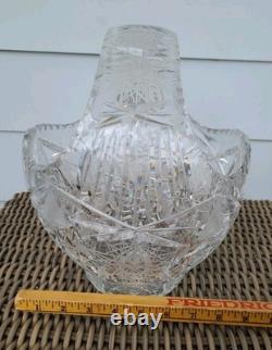 Bohemia Czech Cut Crystal Basket Glass VTG Large 11×10×9 Crosshatch Hobstar