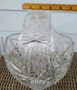 Bohemia Czech Cut Crystal Basket Glass VTG Large 11×10×9 Crosshatch Hobstar