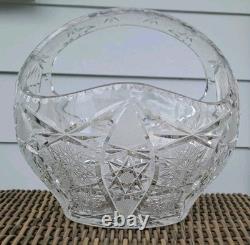 Bohemia Czech Cut Crystal Basket Glass VTG Large 11×10×9 Crosshatch Hobstar