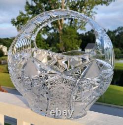 Bohemia Czech Cut Crystal Basket Glass VTG Large 11×10×9 Crosshatch Hobstar