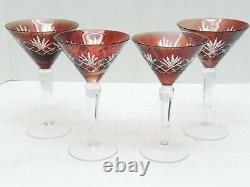 Bohemian AJKA Cut to Clear Crystal 7 Tall Set of 4 Vintage Martini Glasses Red