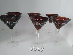 Bohemian AJKA Cut to Clear Crystal 7 Tall Set of 6 Vintage Martini Glasses Red