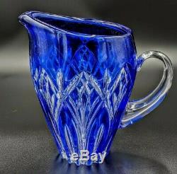 Bohemian Art Glass Crystal Cobalt Blue Cut to Clear Pitcher Towle Silversmiths