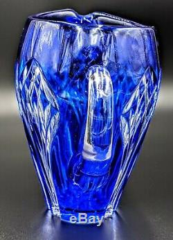 Bohemian Art Glass Crystal Cobalt Blue Cut to Clear Pitcher Towle Silversmiths