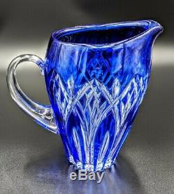 Bohemian Art Glass Crystal Cobalt Blue Cut to Clear Pitcher Towle Silversmiths