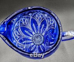 Bohemian Art Glass Crystal Cobalt Blue Cut to Clear Pitcher Towle Silversmiths