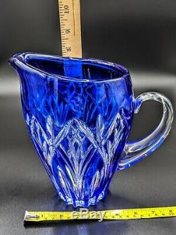 Bohemian Art Glass Crystal Cobalt Blue Cut to Clear Pitcher Towle Silversmiths