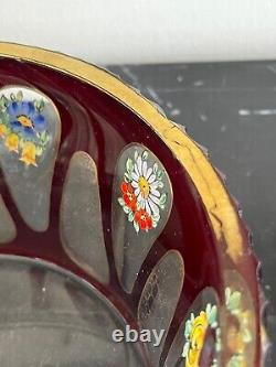 Bohemian Art Glass Moser Czech Red Cut Clear Crystal and Floral Decorative Bowl