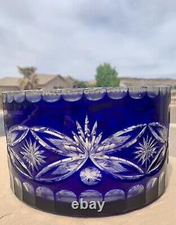Bohemian Bowl Cobalt Blue Cut To Clear Glass Crystal Centerpiece Serving Bowl