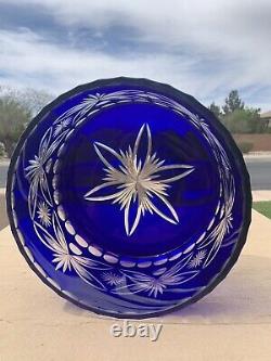 Bohemian Bowl Cobalt Blue Cut To Clear Glass Crystal Centerpiece Serving Bowl