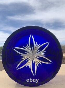 Bohemian Bowl Cobalt Blue Cut To Clear Glass Crystal Centerpiece Serving Bowl