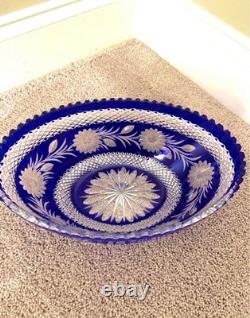 Bohemian Cobalt Blue Cut Glass Large Center Piece Oval Crystal Bowl