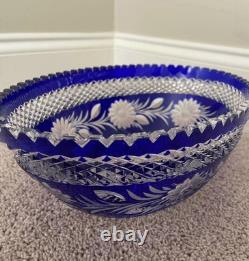 Bohemian Cobalt Blue Cut Glass Large Center Piece Oval Crystal Bowl