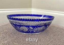 Bohemian Cobalt Blue Cut Glass Large Center Piece Oval Crystal Bowl