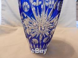 Bohemian Cobalt Blue Cut to Clear Crystal Vase 8.125 Tall