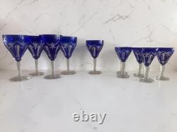 Bohemian Cobalt Cut-to-Clear Crystal Glasses Cathedral Arch & Thumbprint Set 10