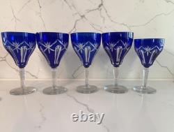 Bohemian Cobalt Cut-to-Clear Crystal Glasses Cathedral Arch & Thumbprint Set 10