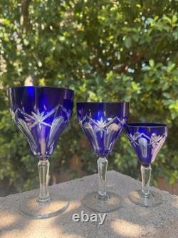 Bohemian Cobalt Cut-to-Clear Crystal Glasses Cathedral Arch & Thumbprint Set 10