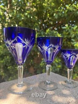 Bohemian Cobalt Cut-to-Clear Crystal Glasses Cathedral Arch & Thumbprint Set 10