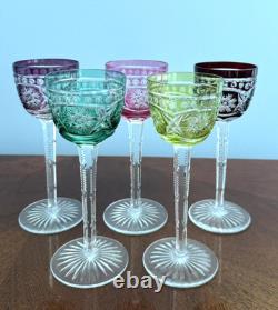 Bohemian Colored Crystal Set Of 5 WINE GLASSES 8 Tall Water Goblets Multicolor
