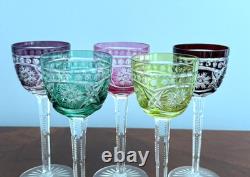 Bohemian Colored Crystal Set Of 5 WINE GLASSES 8 Tall Water Goblets Multicolor