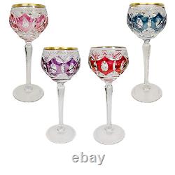 Bohemian Colored Cut Crystal Wine Hock Stem Glasses Set of 4