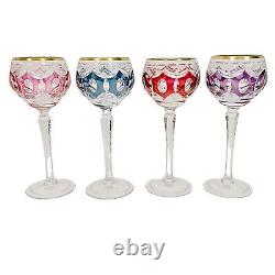 Bohemian Colored Cut Crystal Wine Hock Stem Glasses Set of 4