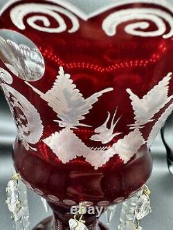 Bohemian Cranberry Cut to Clear Czech Glass Mantle Luster, Bird, 10