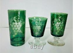 Bohemian Crystal 17 Pc Cut to Clear Iridescent Green Tumblers Etched Glass Grape