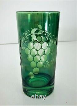 Bohemian Crystal 17 Pc Cut to Clear Iridescent Green Tumblers Etched Glass Grape