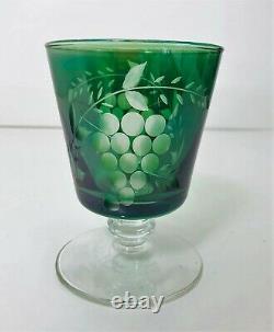 Bohemian Crystal 17 Pc Cut to Clear Iridescent Green Tumblers Etched Glass Grape