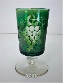 Bohemian Crystal 17 Pc Cut to Clear Iridescent Green Tumblers Etched Glass Grape