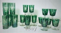 Bohemian Crystal 17 Pc Cut to Clear Iridescent Green Tumblers Etched Glass Grape