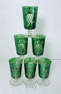 Bohemian Crystal 17 Pc Cut to Clear Iridescent Green Tumblers Etched Glass Grape