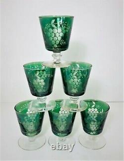 Bohemian Crystal 17 Pc Cut to Clear Iridescent Green Tumblers Etched Glass Grape