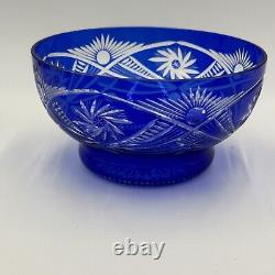 Bohemian Crystal Cobalt Blue Glass Hand Cut Bowl Footed Centerpiece