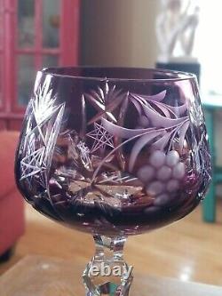 Bohemian Crystal Cut to Clear Purple Star Grapevine Wine Art Glass 8 make offer