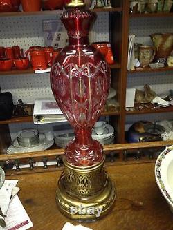 Bohemian Crystal Lamp Cranberry cut to clear 36.5 Hollywood Regency Mid Century