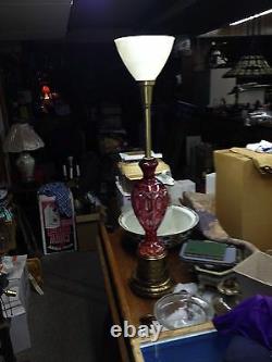 Bohemian Crystal Lamp Cranberry cut to clear 36.5 Hollywood Regency Mid Century