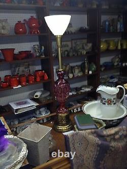 Bohemian Crystal Lamp Cranberry cut to clear 36.5 Hollywood Regency Mid Century