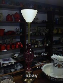 Bohemian Crystal Lamp Cranberry cut to clear 36.5 Hollywood Regency Mid Century